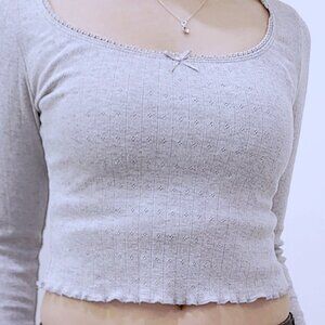 Lace Bow Gray Coquettecore Square-Neck Crop Top (S)
